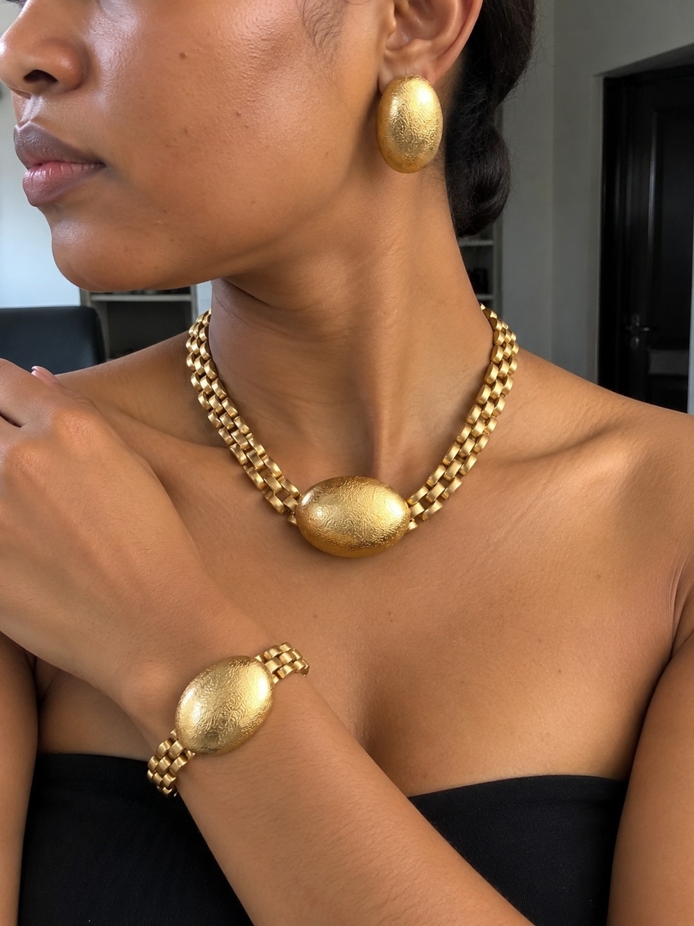 Gold Oval Statement Necklace with Matching Bracelet and Earrings